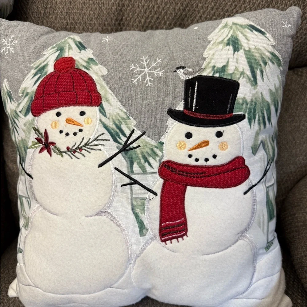 Two St. Nicholas Snowman Pillows 18X18 & One Patchwork Pine Christmas Pillow